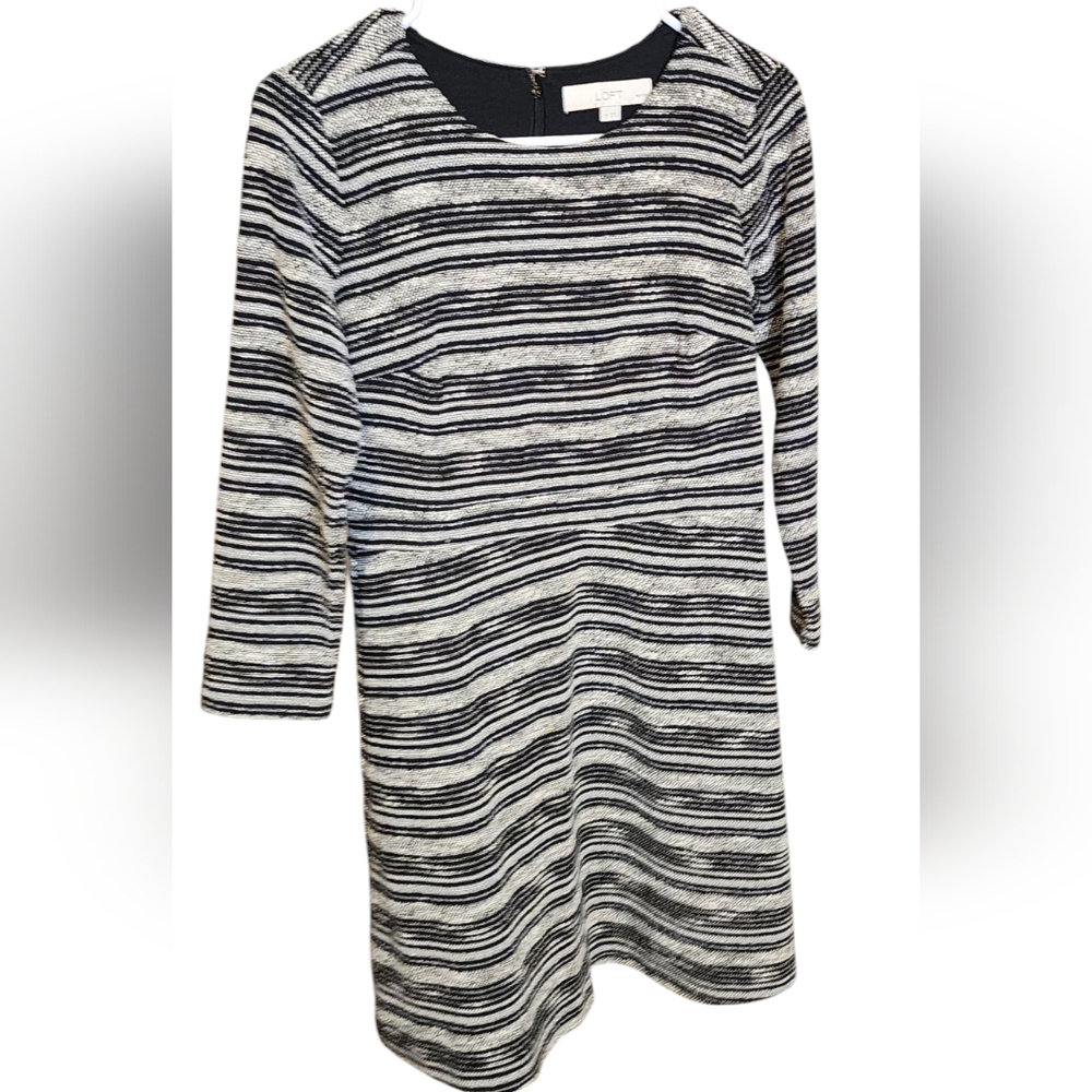 Loft fit and flare black and white sweater dress